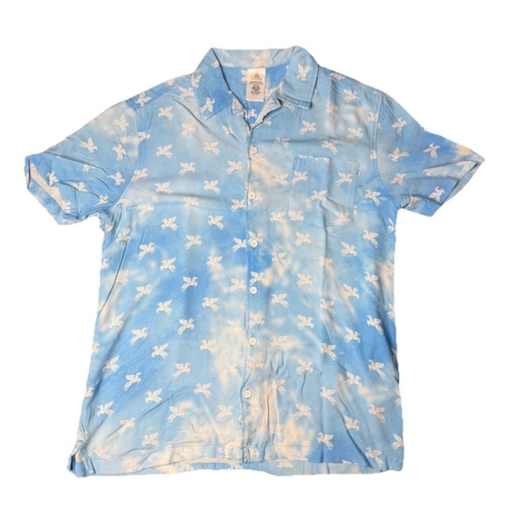 Disney Parks Hercules Pegasus Sky‎ Blue Woven Camp Shirt Size Medium